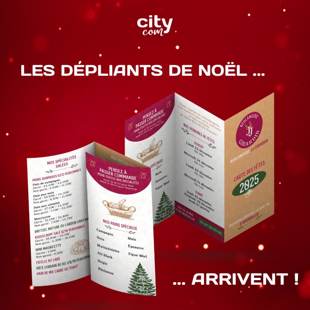 Dépliant sarrebourg - Création et impression | CITY COM 6 Création de dépliant tarifaire pour Noël : Boulangerie Girardin à Niderviller