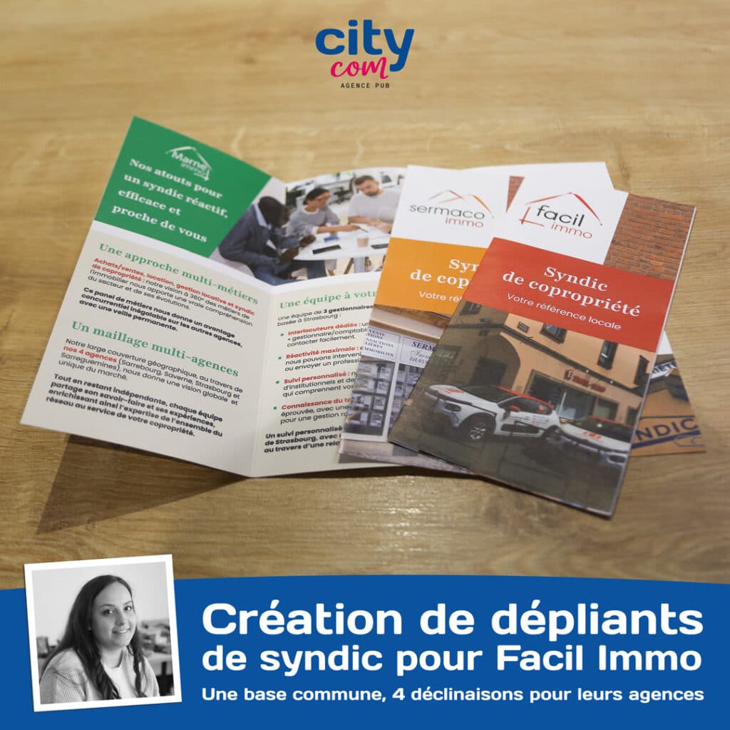 Dépliant sarrebourg - Création et impression | CITY COM 4 Création de dépliants à Sarrebourg pour l'agence immobilière Facil immo