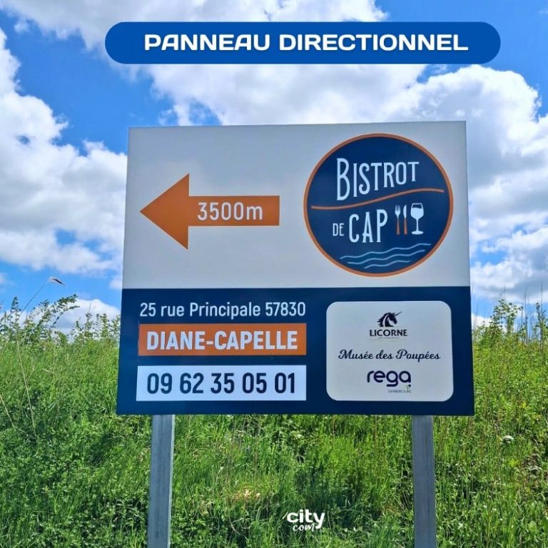 Création et pose de panneau de signalétique extérieure pour l'Auberge Katz à Dabo 5 Création et impression de signalétique de bord de route pour Bistrot de Cap dans notre agence publicitaire à Sarrebourg.